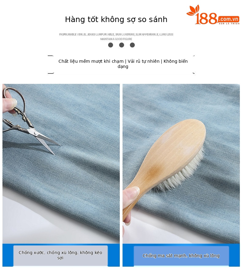 Quần jean ống rộng nữ cạp cao dáng suông vải Tencel xanh nhạt — Quần lửng màu xanh nhạt chi tiết 8