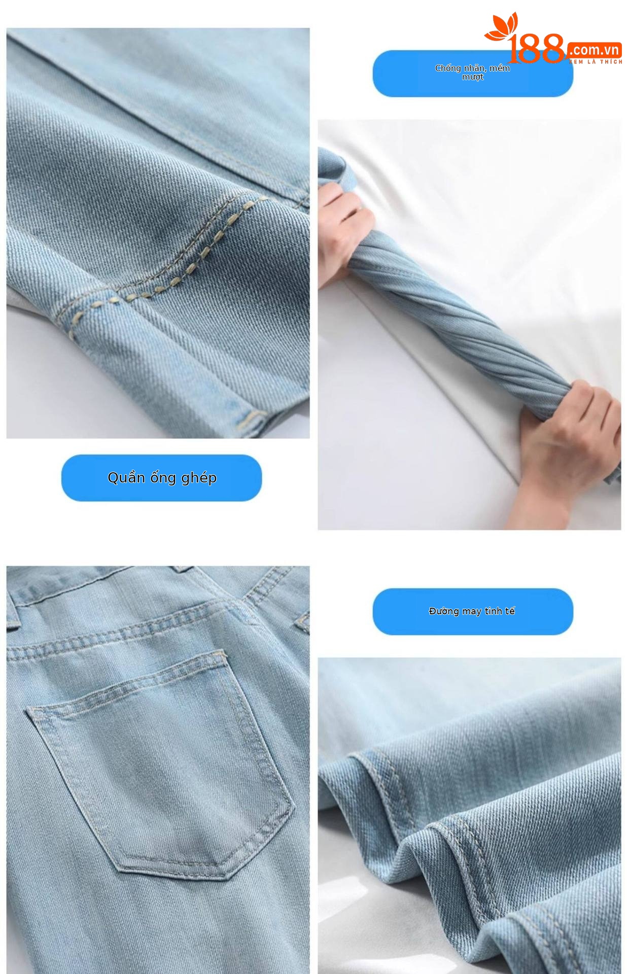 Quần jean ống rộng nữ cạp cao dáng suông vải Tencel xanh nhạt — Quần lửng màu xanh nhạt chi tiết 9