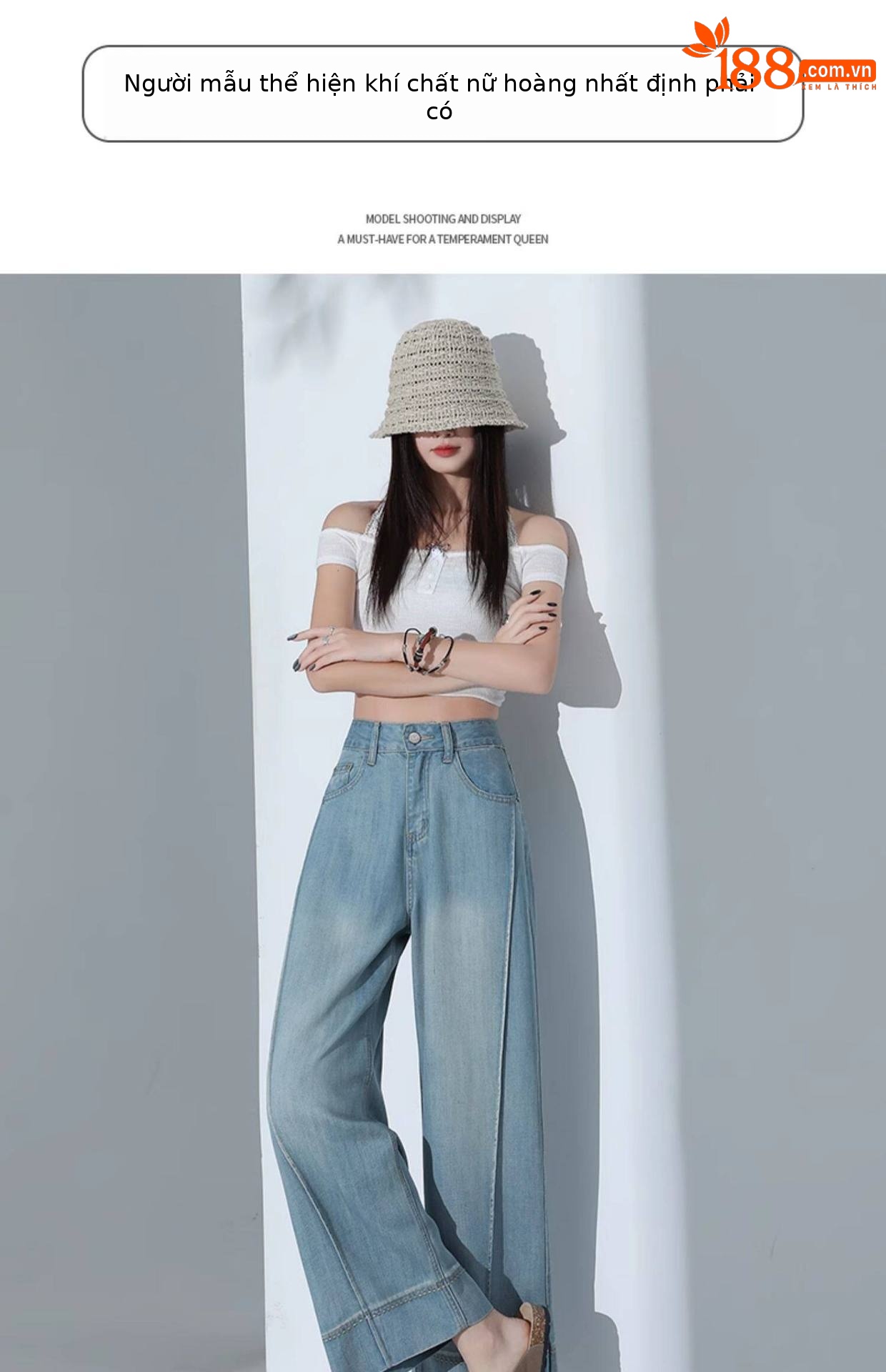 Quần jean ống rộng nữ cạp cao dáng suông vải Tencel xanh nhạt — Quần lửng màu xanh nhạt chi tiết 11