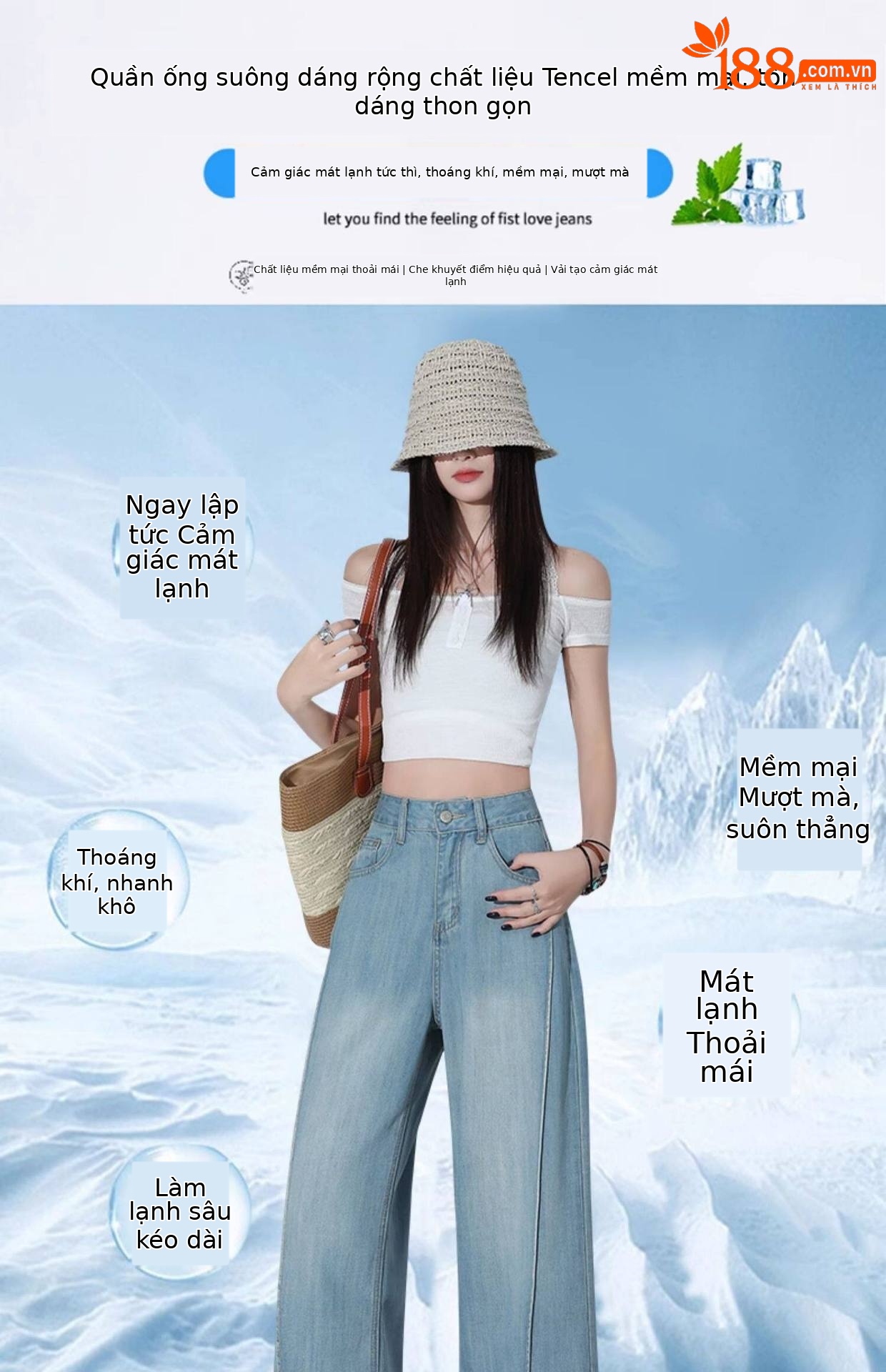 Quần jean ống rộng nữ cạp cao dáng suông vải Tencel xanh nhạt — Quần lửng màu xanh nhạt chi tiết 1