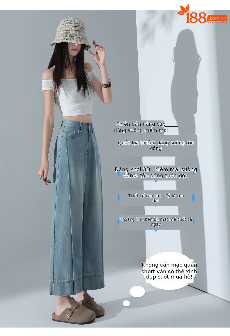 Quần jean ống rộng nữ cạp cao dáng suông vải Tencel xanh nhạt — Quần lửng màu xanh nhạt chi tiết 5