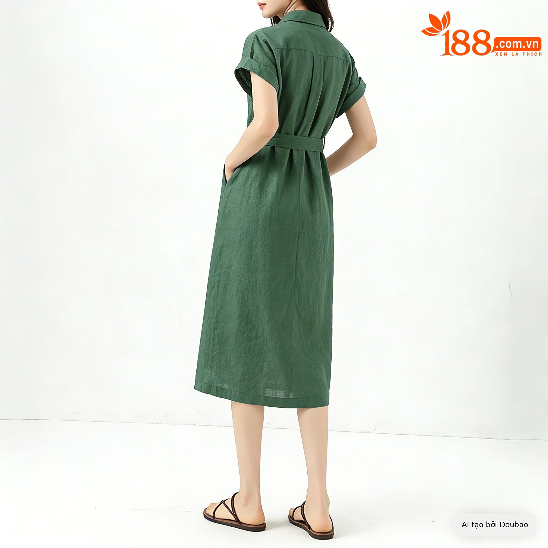 Đầm sơ mi nữ tay ngắn thắt eo chất liệu linen dáng dài — màu đen chi tiết 5