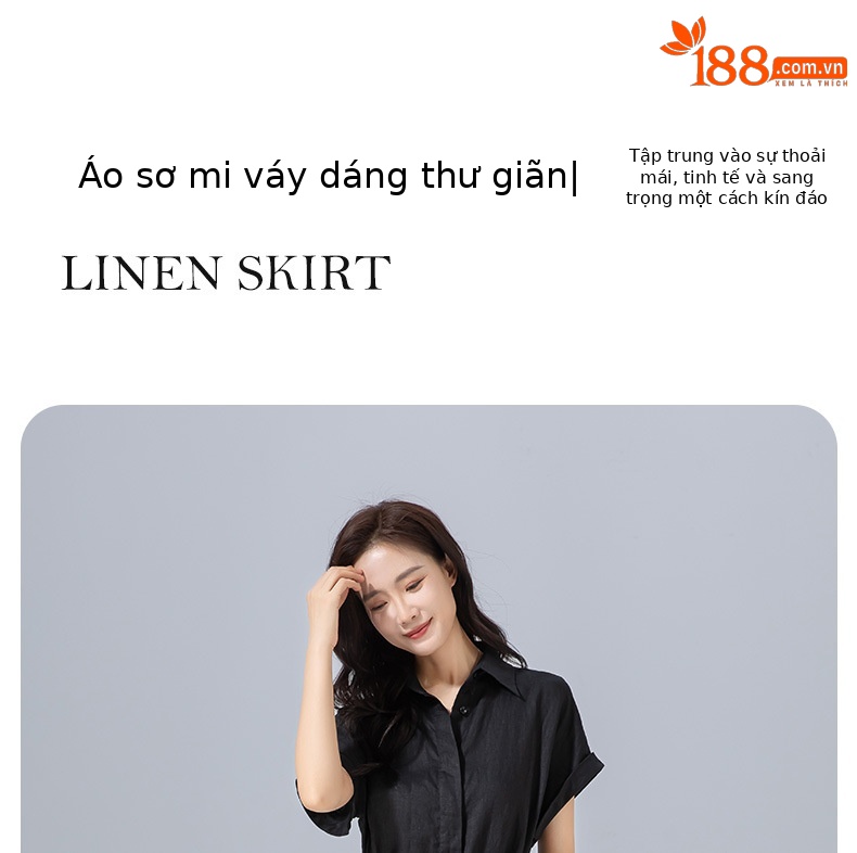 Đầm sơ mi nữ tay ngắn thắt eo chất liệu linen dáng dài — màu đen chi tiết 6