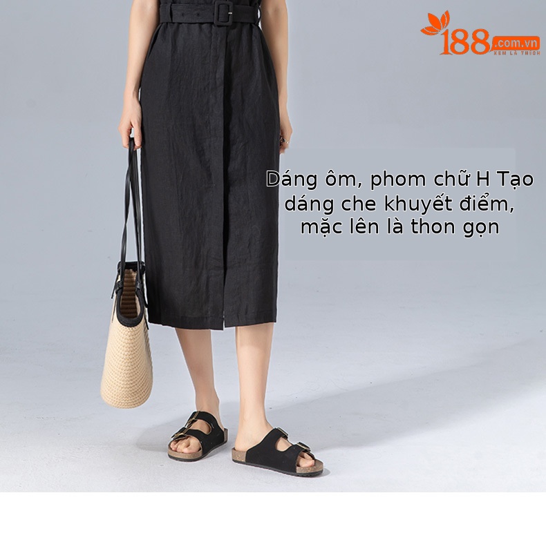 Đầm sơ mi nữ tay ngắn thắt eo chất liệu linen dáng dài — màu đen chi tiết 13