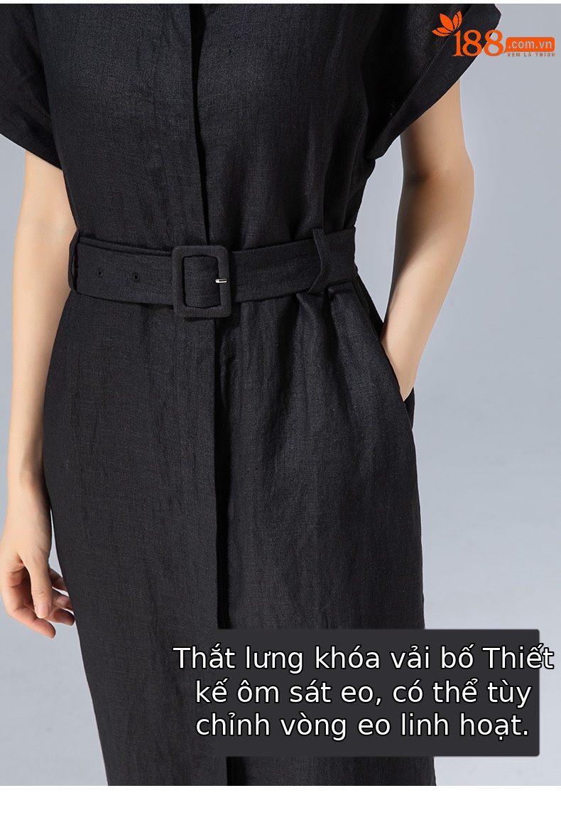 Đầm sơ mi nữ tay ngắn thắt eo chất liệu linen dáng dài — màu đen chi tiết 14