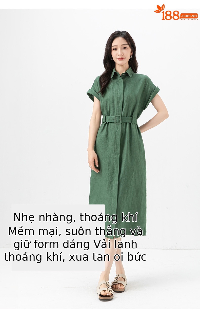 Đầm sơ mi nữ tay ngắn thắt eo chất liệu linen dáng dài — màu đen chi tiết 15