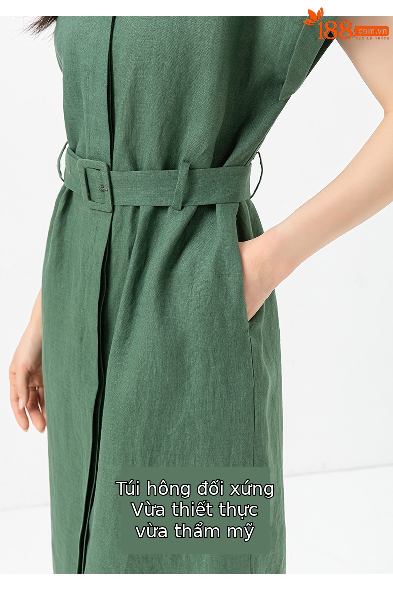 Đầm sơ mi nữ tay ngắn thắt eo chất liệu linen dáng dài — màu đen chi tiết 17