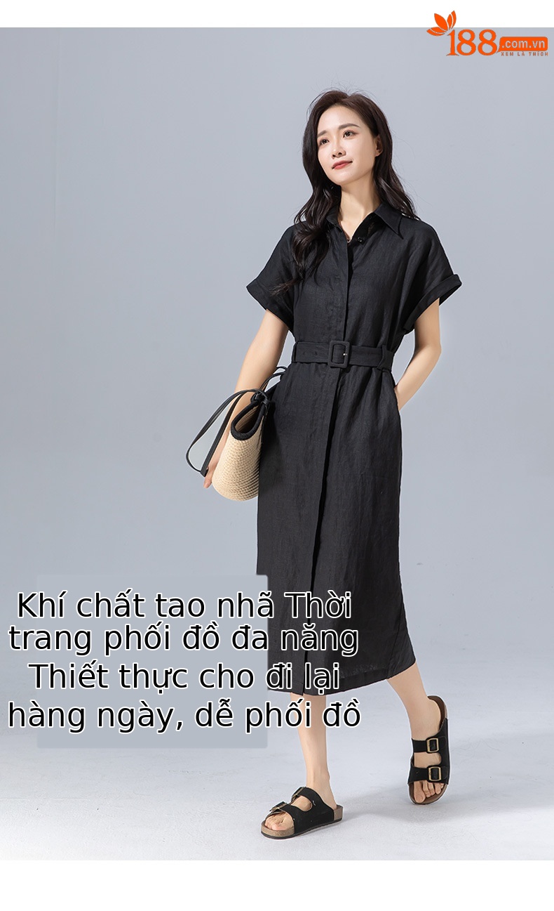 Đầm sơ mi nữ tay ngắn thắt eo chất liệu linen dáng dài — màu đen chi tiết 19