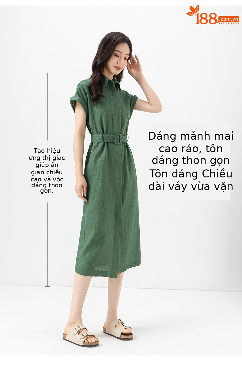 Đầm sơ mi nữ tay ngắn thắt eo chất liệu linen dáng dài — màu đen chi tiết 20
