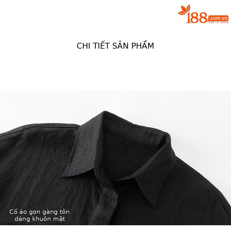 Đầm sơ mi nữ tay ngắn thắt eo chất liệu linen dáng dài — màu đen chi tiết 21