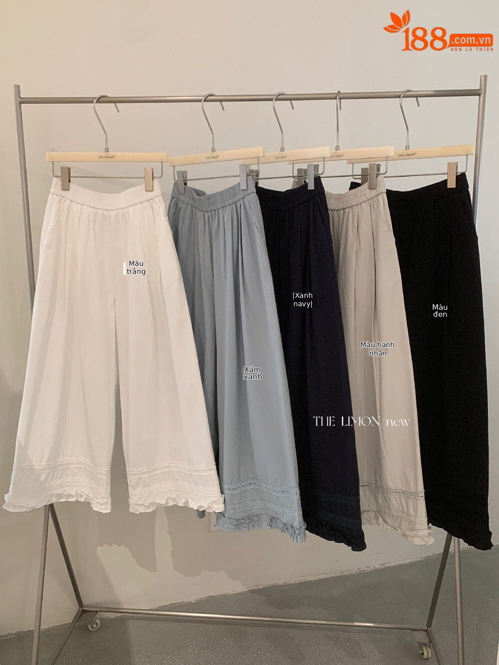 Quần culottes nữ ống rộng cạp cao chun, thiết kế viền ren bèo nhún, dáng suông 9 phân, phù hợp mùa xuân hè — màu đen, Xanh đen, Xanh da trờicolor, màu trắng chi tiết 10