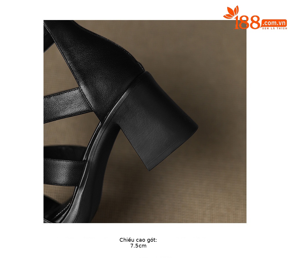 Sandal cao gót nữ mũi vuông hở ngón chân, chất da bò thô, gót 9 cm — đen chi tiết 21