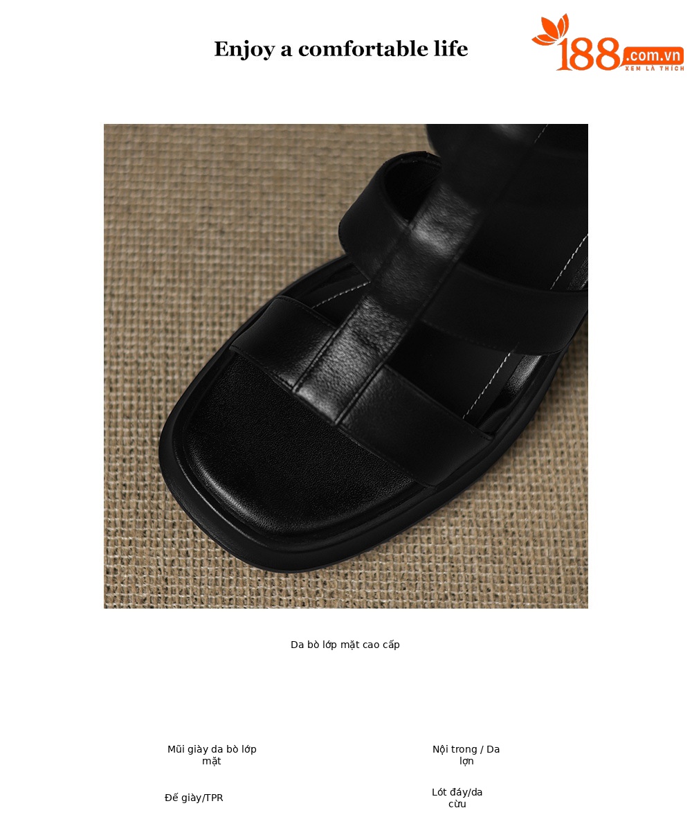Sandal cao gót nữ mũi vuông hở ngón chân, chất da bò thô, gót 9 cm — đen chi tiết 4