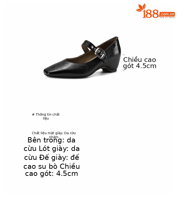 Giày Mary Jane nữ da cừu gót thấp 4,5 cm mũi vuông kiểu Pháp — đen chi tiết 3