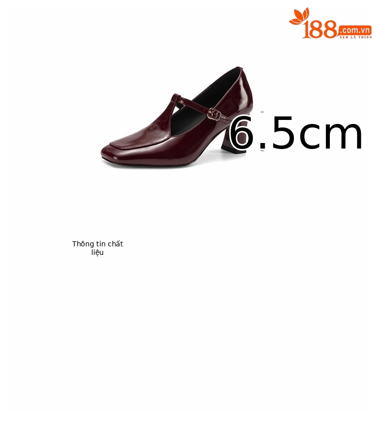 Giày cao gót nữ mũi vuông da cừu quai ngang khóa T phong cách vintage — Rượu vang đỏ chi tiết 4