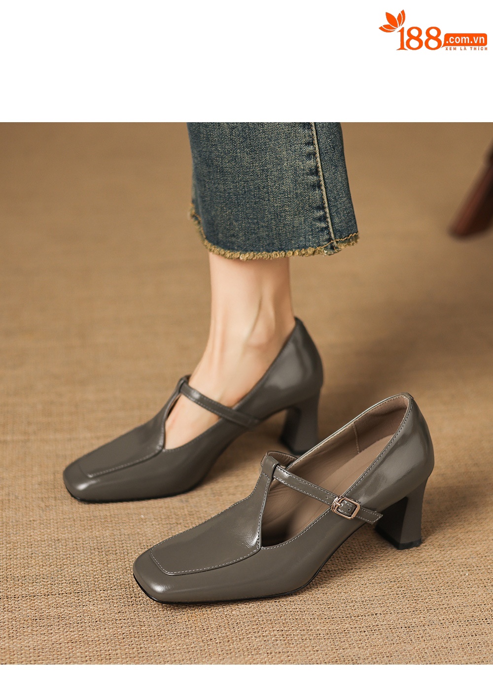 Giày cao gót nữ mũi vuông da cừu quai ngang khóa T phong cách vintage — Rượu vang đỏ chi tiết 8