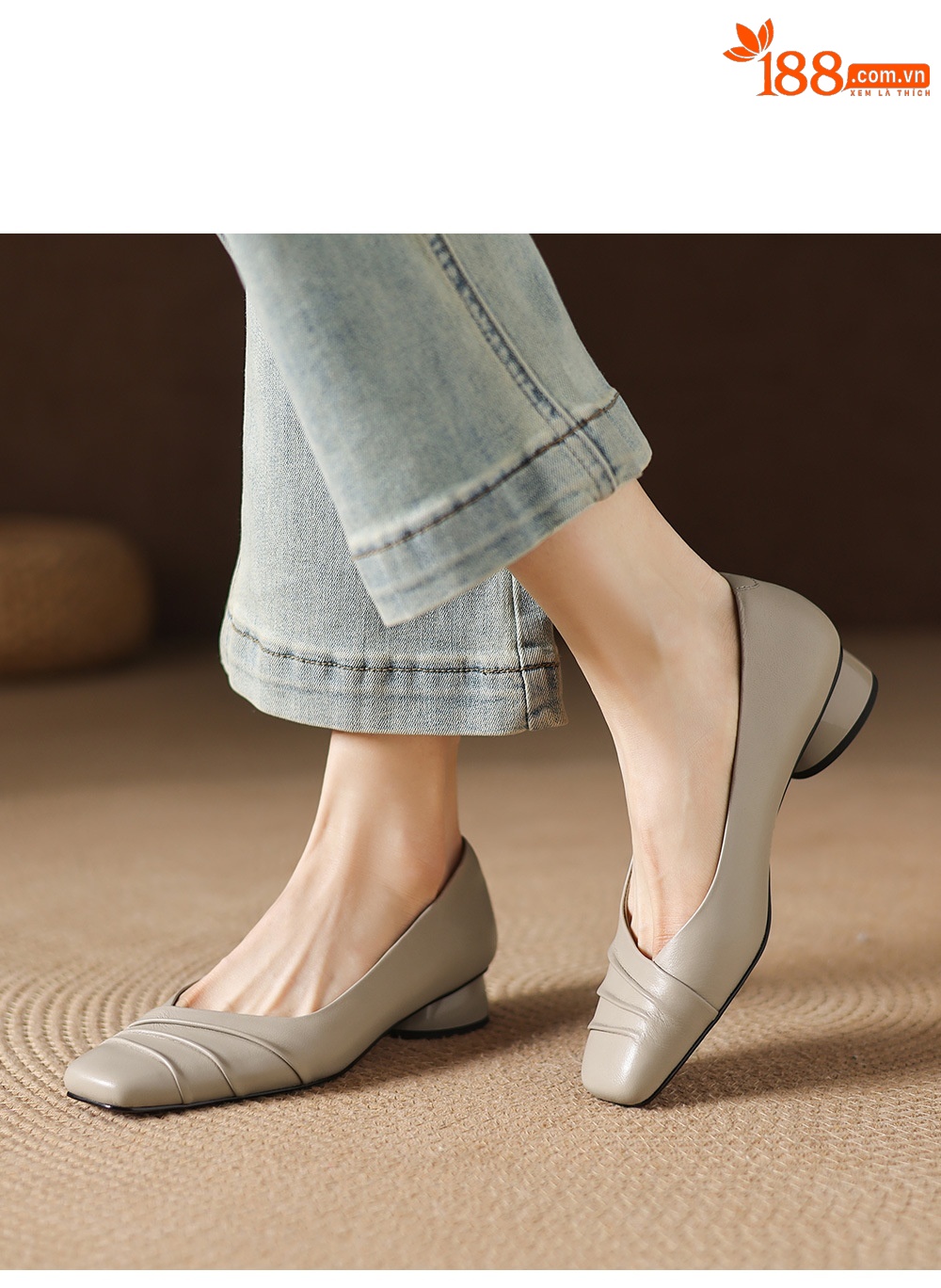 Giày cao gót nữ da cừu mũi vuông gót thấp 3 cm, kiểu dáng nếp gấp thanh lịch — đen chi tiết 6