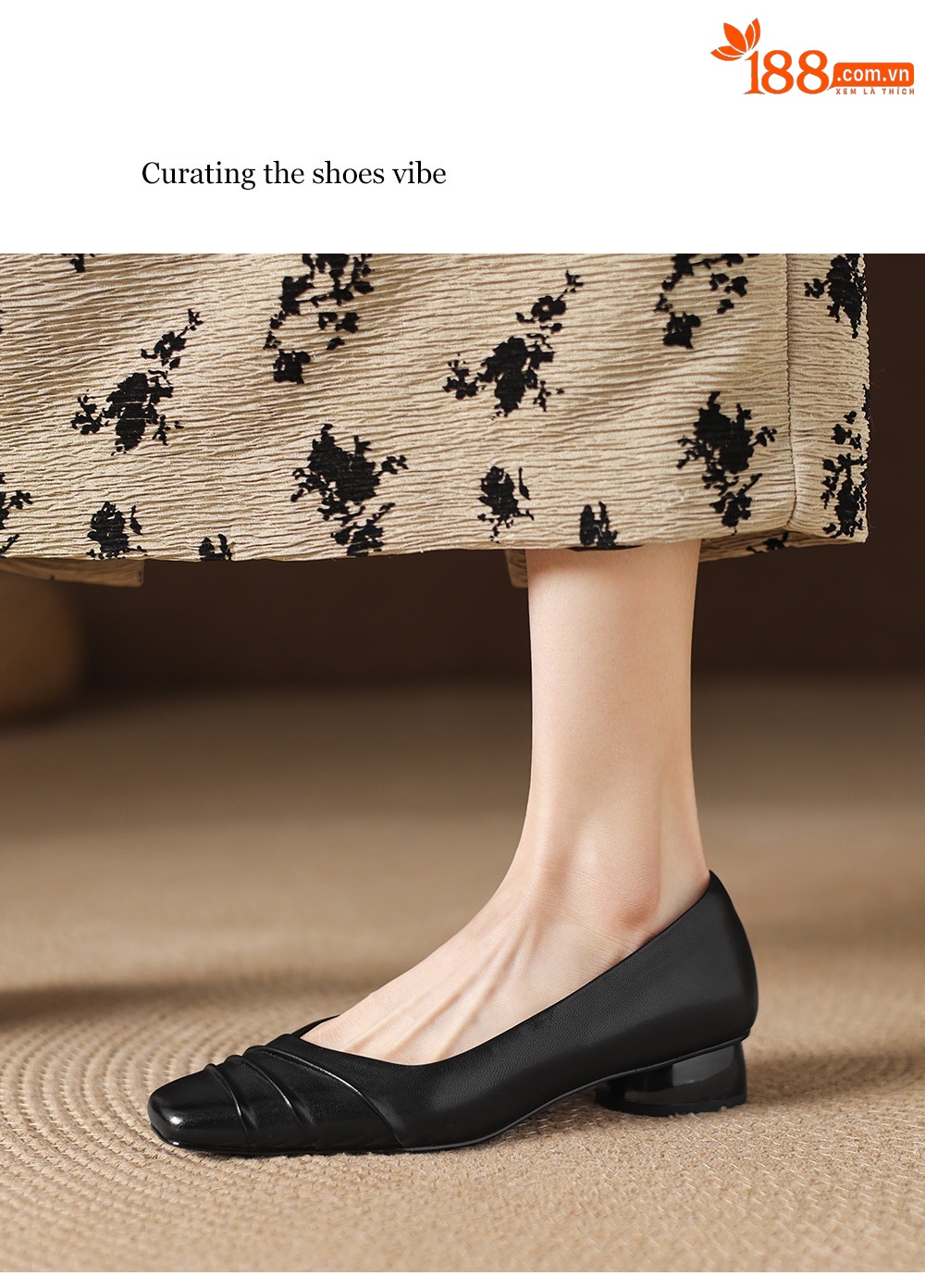 Giày cao gót nữ da cừu mũi vuông gót thấp 3 cm, kiểu dáng nếp gấp thanh lịch — đen chi tiết 16