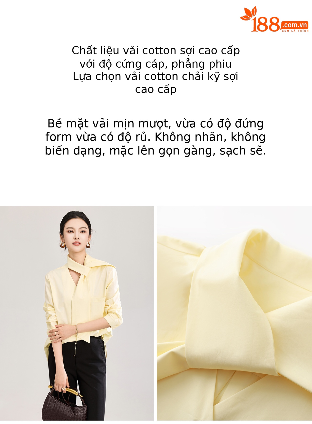 Áo sơ mi nữ dài tay cổ V phối dây rua, chất cotton mềm mại không nhăn — Vàng sữa chi tiết 8