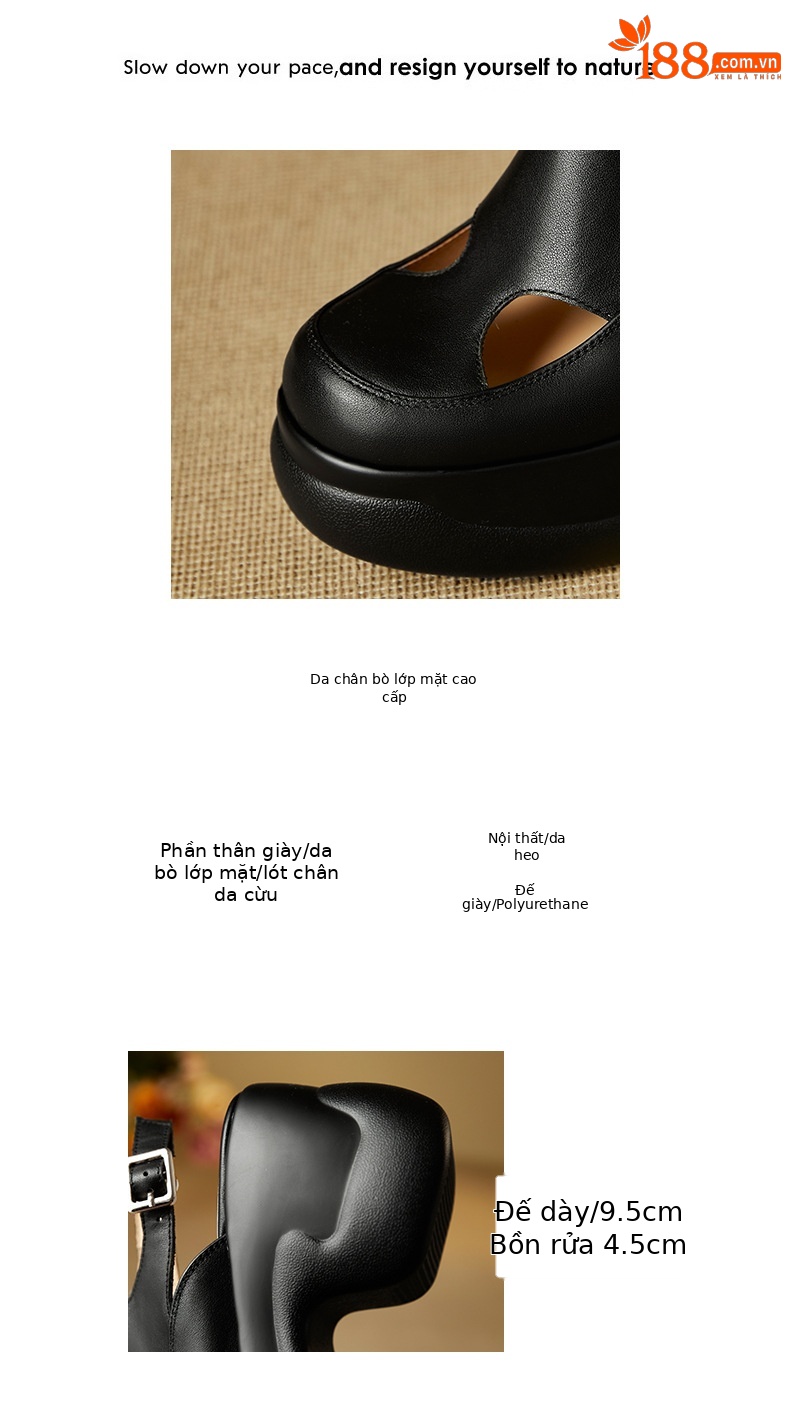 Sandal nữ cao gót đế xuồng platform mũi kín phong cách La Mã, gót 9.5 cm — màu đen, màu trắng chi tiết 2