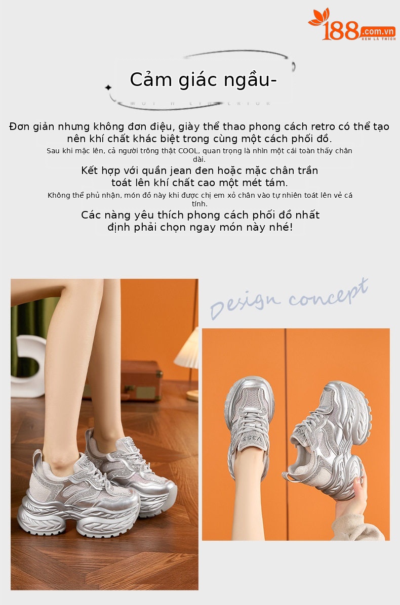 Giày sneaker nữ chunky đế dày đính đá rhinestone hở mũi quai ngang — Trắng, Bạc chi tiết 4