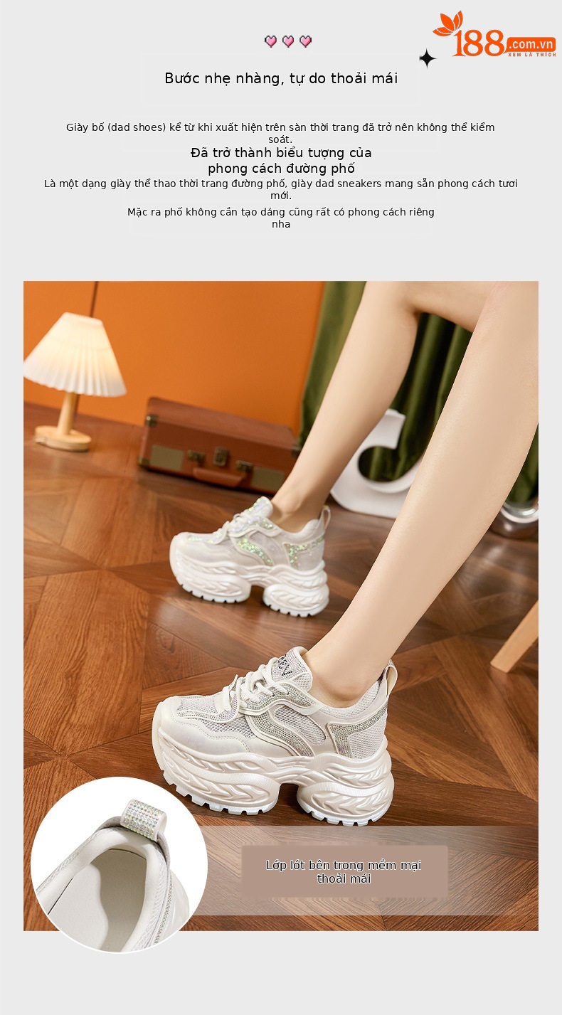 Giày sneaker nữ chunky đế dày đính đá rhinestone hở mũi quai ngang — Trắng, Bạc chi tiết 5