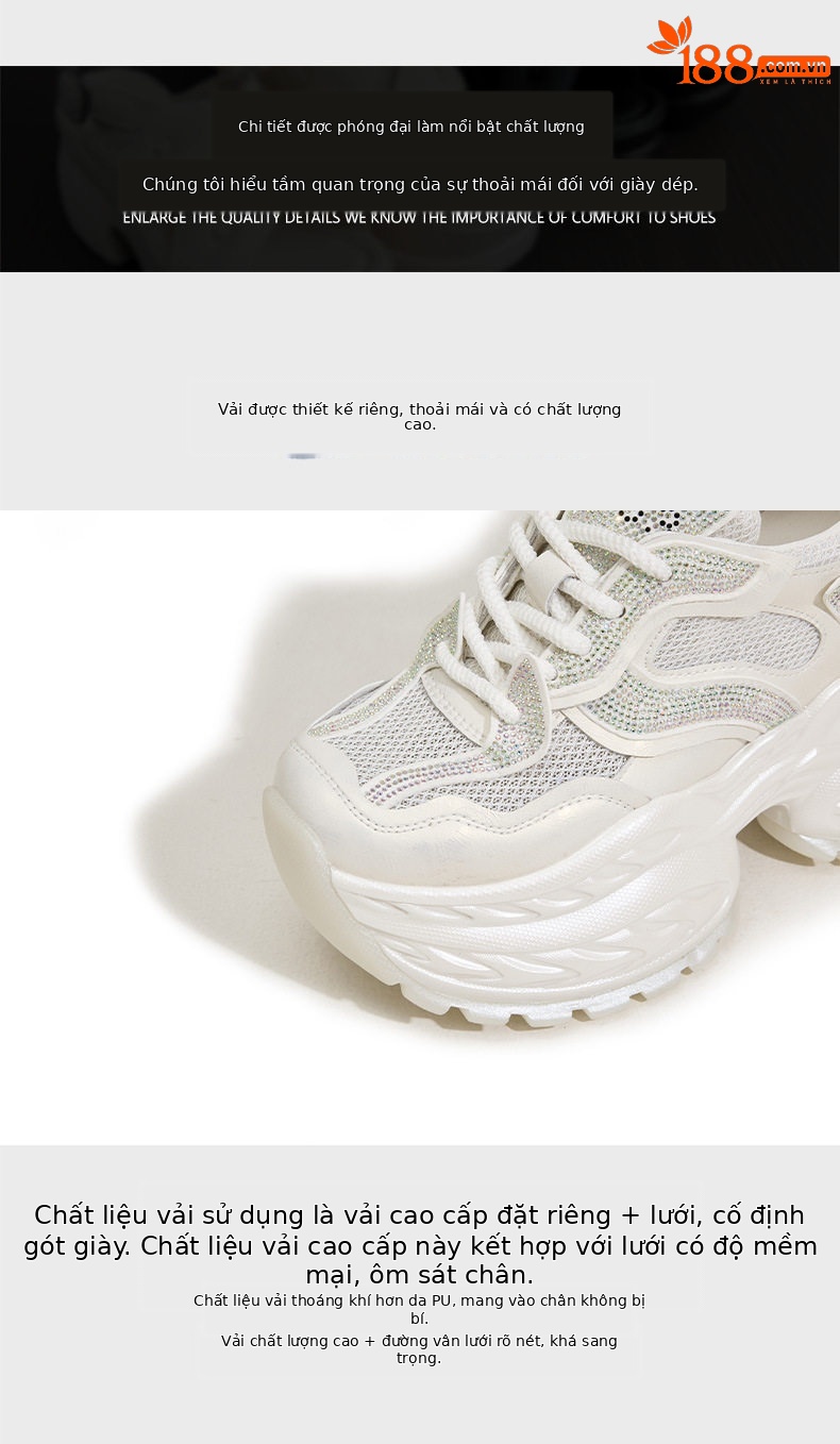 Giày sneaker nữ chunky đế dày đính đá rhinestone hở mũi quai ngang — Trắng, Bạc chi tiết 6