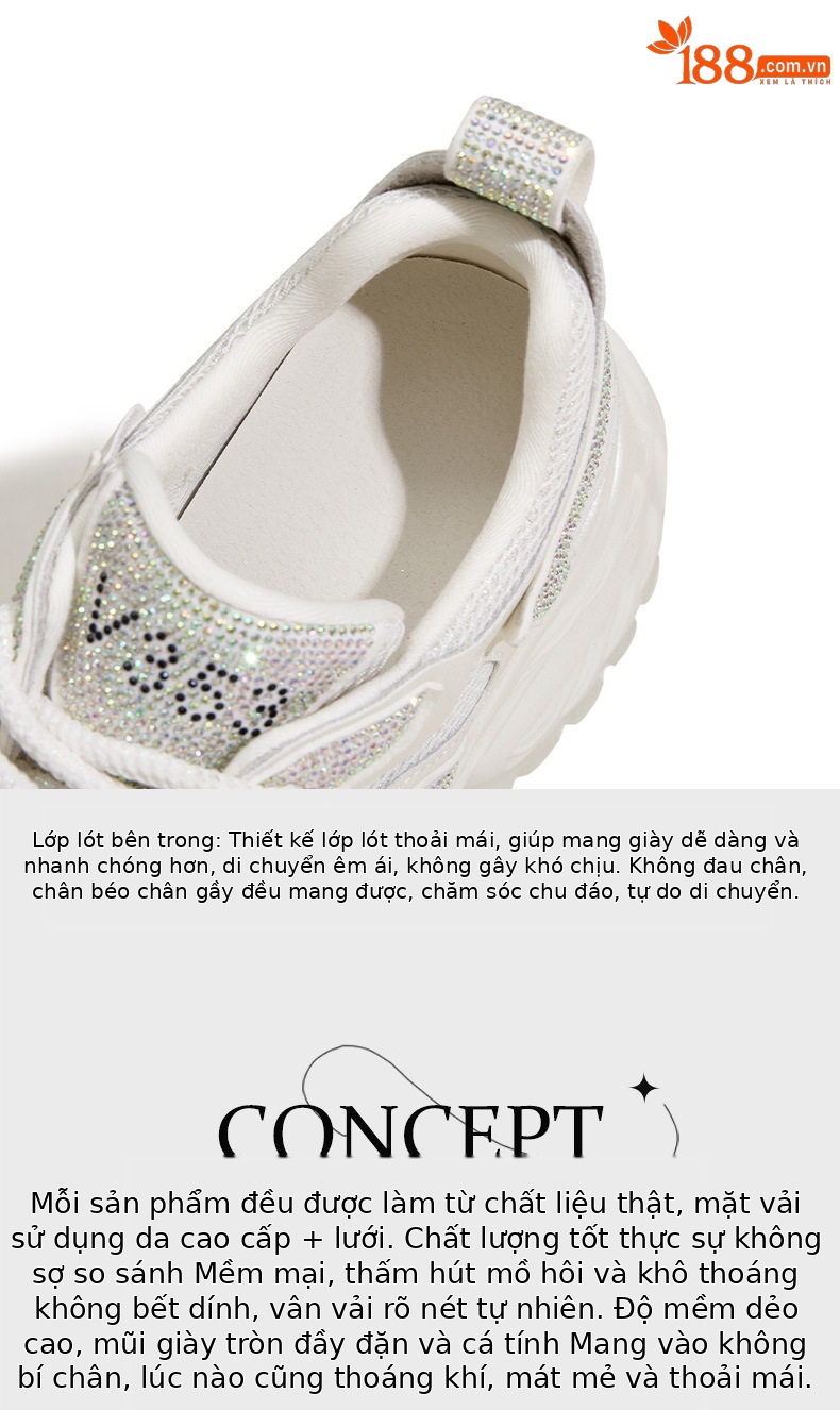 Giày sneaker nữ chunky đế dày đính đá rhinestone hở mũi quai ngang — Trắng, Bạc chi tiết 8