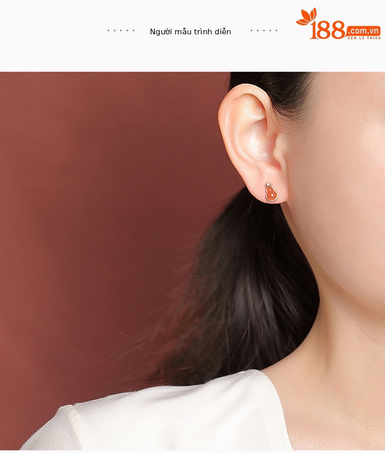 Bông tai bạc S925 mạ vàng đính mã não đỏ và hổ phách hình hồ lô mây lành — Màu hổ phách chi tiết 9