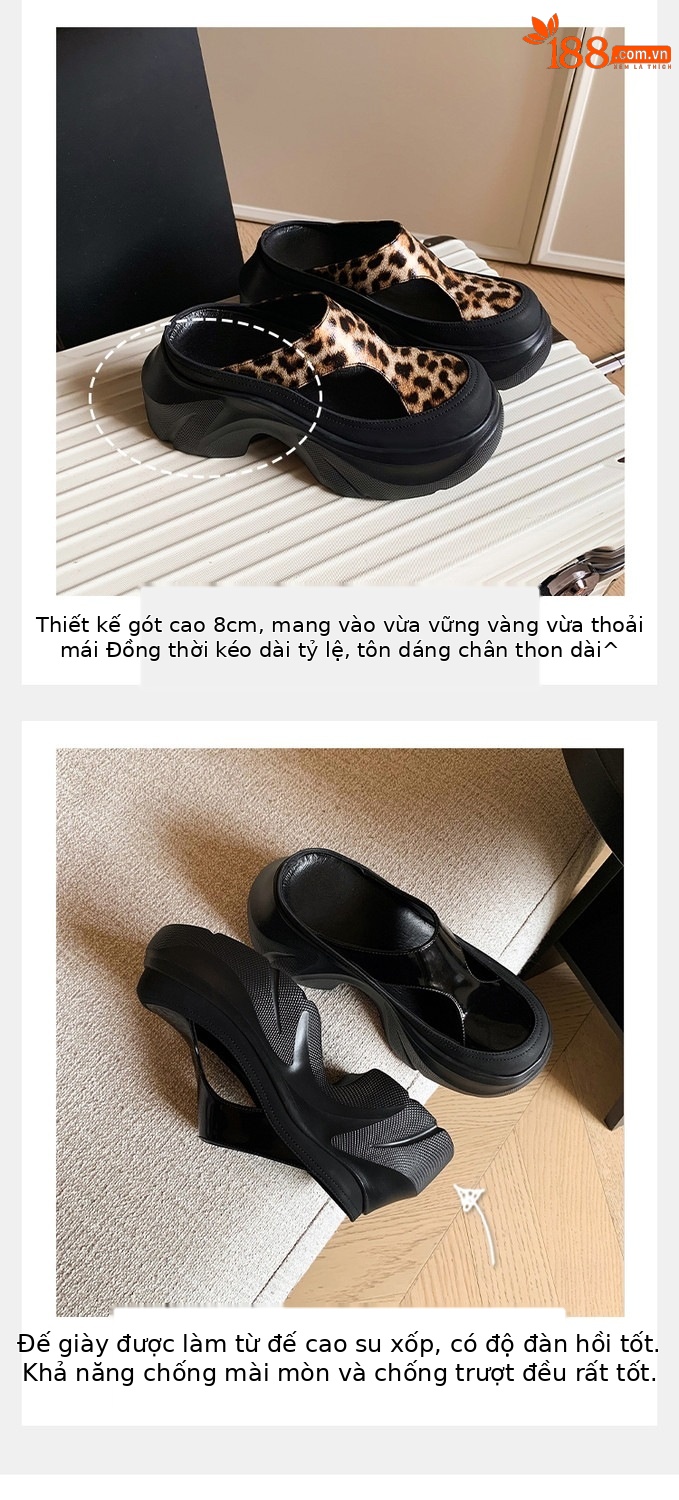 Dép sandal nữ da thật họa tiết da báo đế xuồng cao gót 9 cm — Trang chủ, màu đen, bạc chi tiết 34