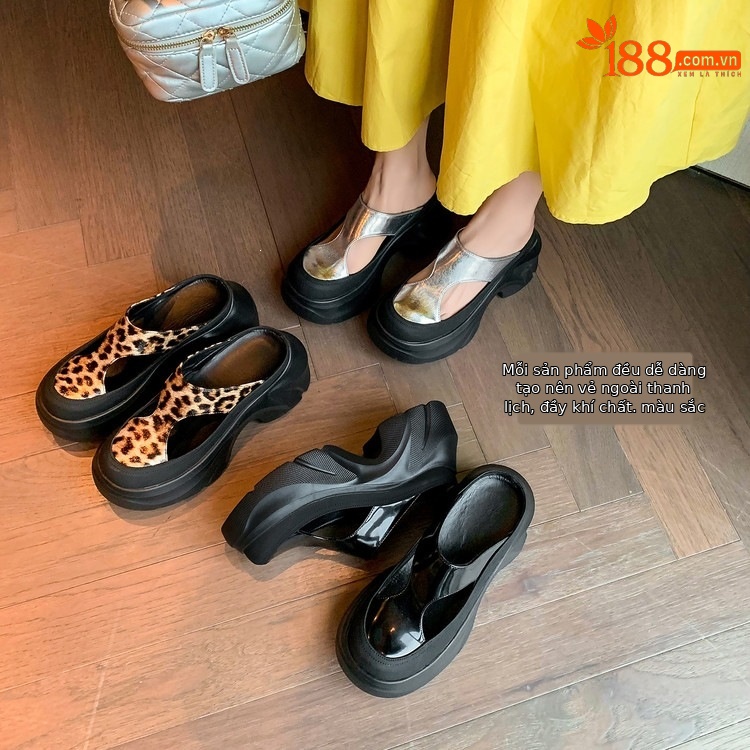 Dép sandal nữ da thật họa tiết da báo đế xuồng cao gót 9 cm — Trang chủ, màu đen, bạc chi tiết 65