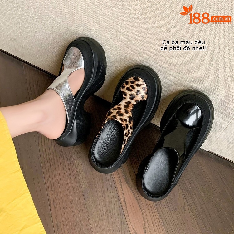 Dép sandal nữ da thật họa tiết da báo đế xuồng cao gót 9 cm — Trang chủ, màu đen, bạc chi tiết 67