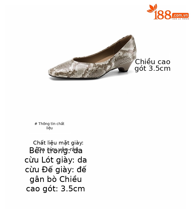 Giày cao gót nữ mũi vuông miệng nông da cừu vân rắn gót thấp 3.5 cm — màu nâu chi tiết 3