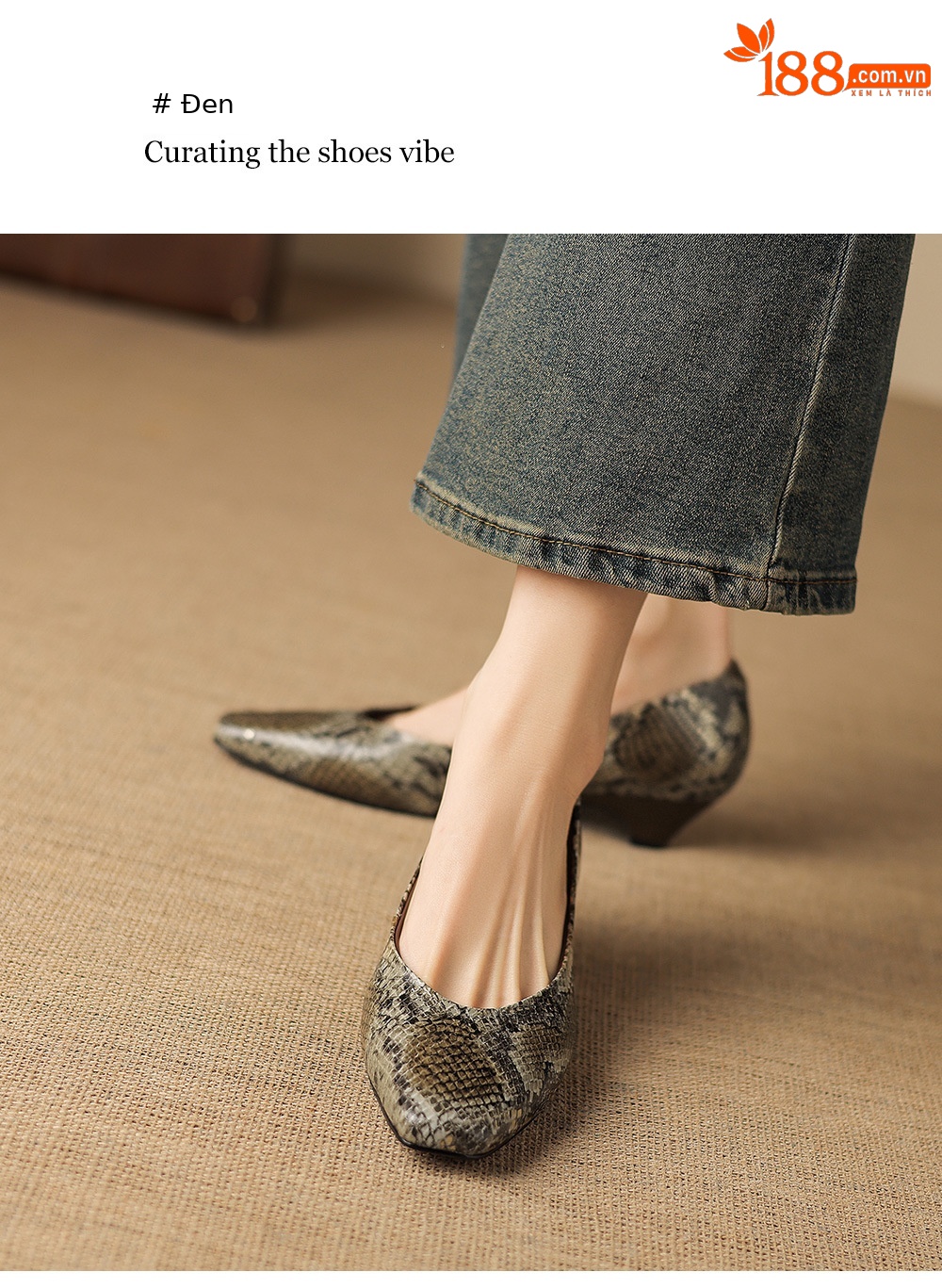 Giày cao gót nữ mũi vuông miệng nông da cừu vân rắn gót thấp 3.5 cm — màu nâu chi tiết 18