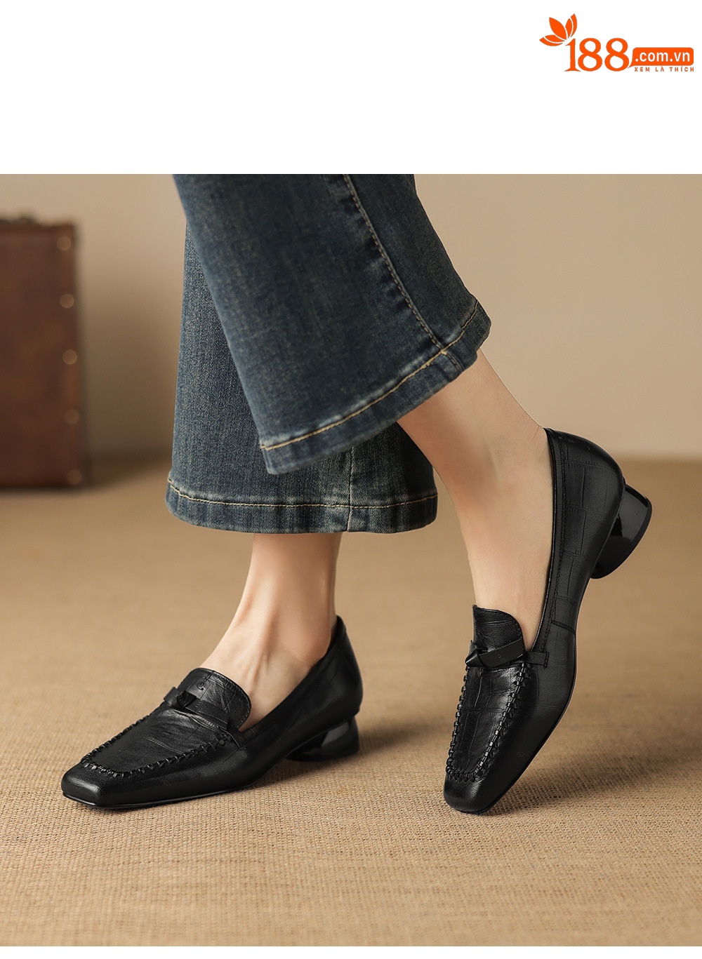 Giày lười nữ da cừu gót thấp 3 cm, mũi tròn dệt vintage, cổ sâu — đen chi tiết 14