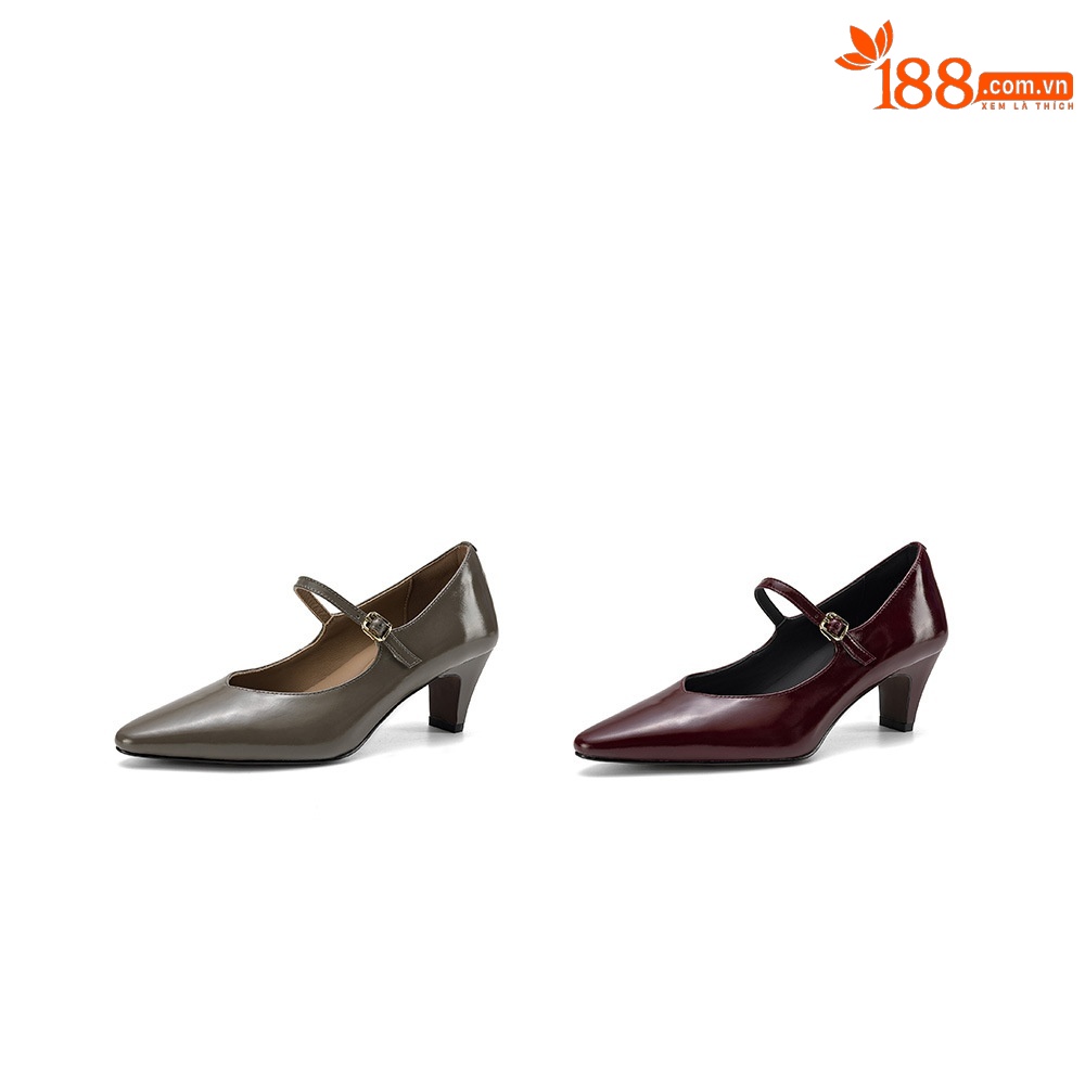 Giày Mary Jane nữ mũi nhọn gót vuông 5.5 cm quai khóa một chữ — Rượu vang đỏ chi tiết 4