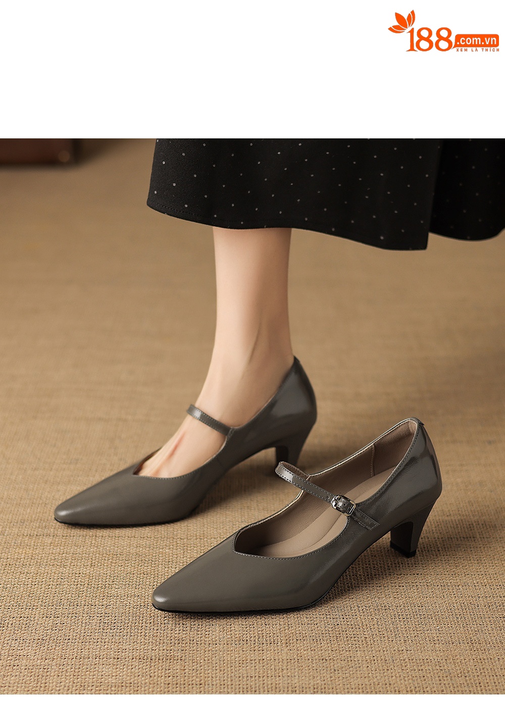 Giày Mary Jane nữ mũi nhọn gót vuông 5.5 cm quai khóa một chữ — Rượu vang đỏ chi tiết 7