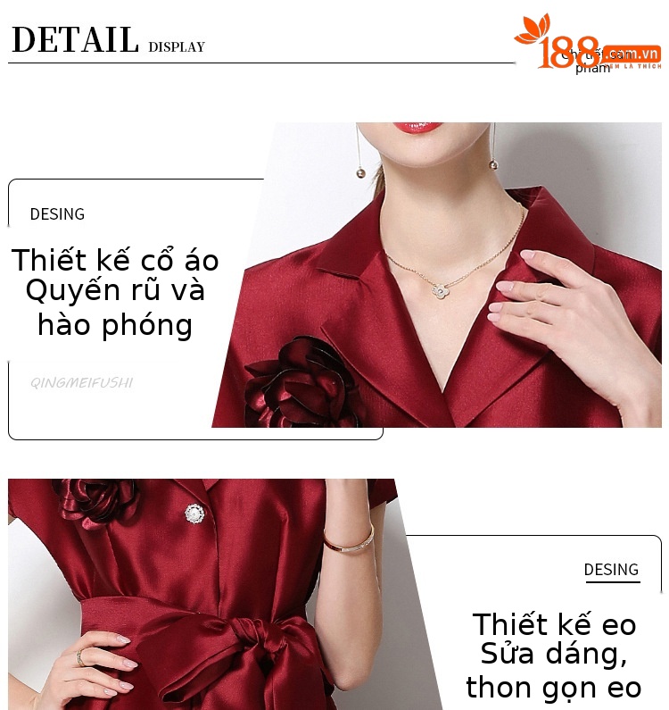 Đầm maxi nữ hoa nổi tay ngắn cổ vest thắt eo jacquard xòe — màu đen, Rượu vang đỏ, xanh lam, màu hồng đậm chi tiết 2