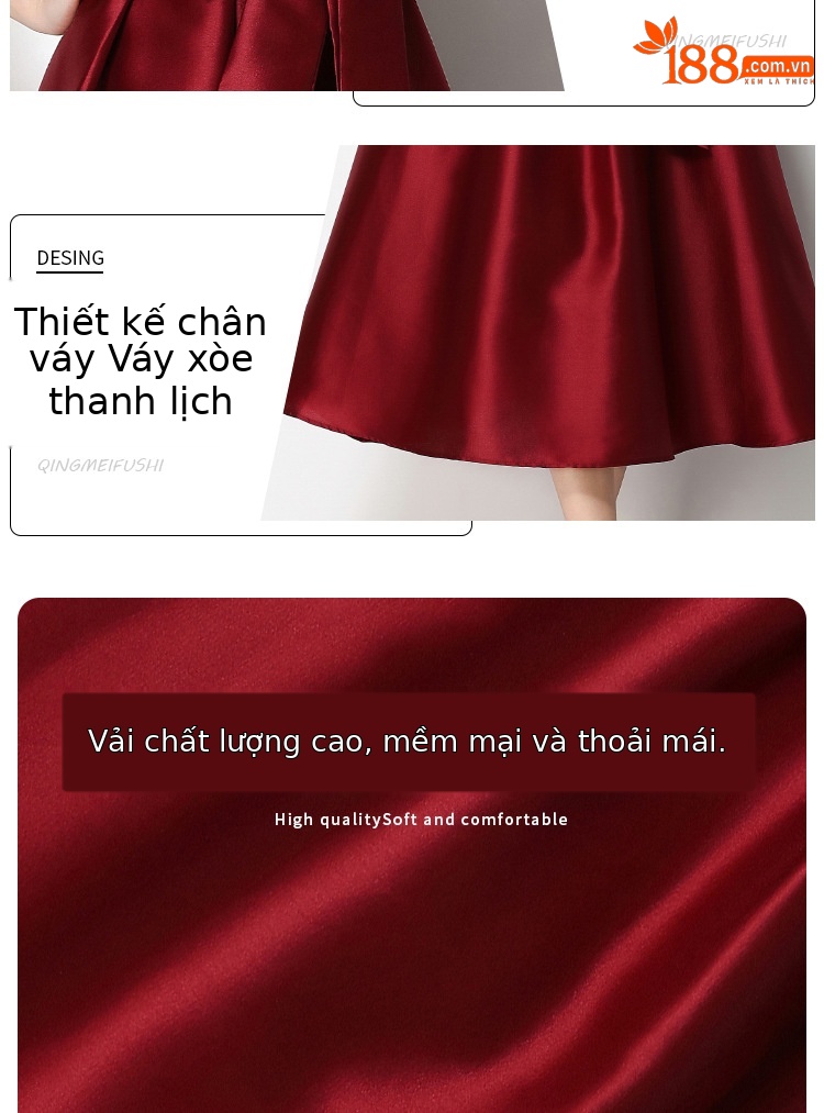 Đầm maxi nữ hoa nổi tay ngắn cổ vest thắt eo jacquard xòe — màu đen, Rượu vang đỏ, xanh lam, màu hồng đậm chi tiết 3
