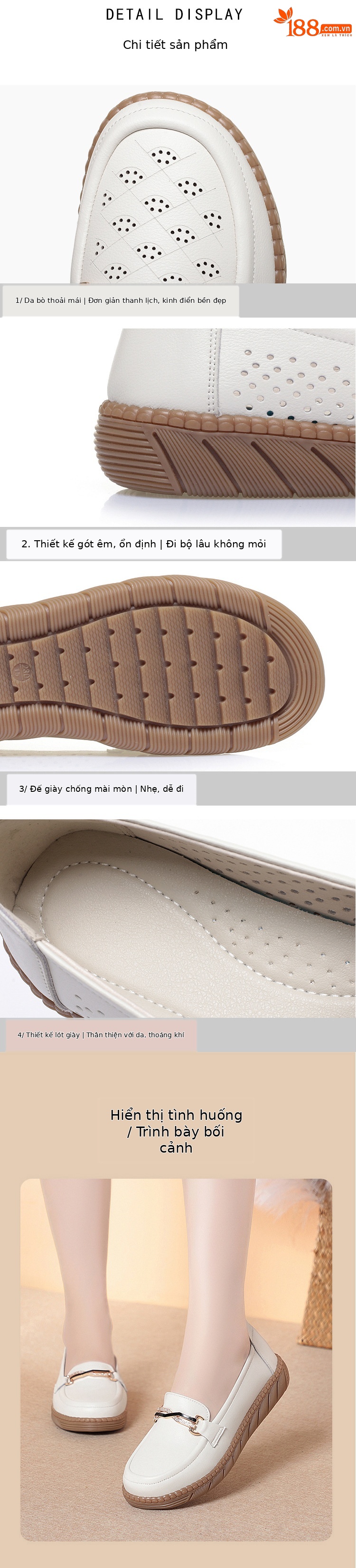 Giày sneaker nữ da thật đế mềm thoải mái, phù hợp người lớn tuổi, size lớn — Be【Kiểu giày đơn】 chi tiết 1