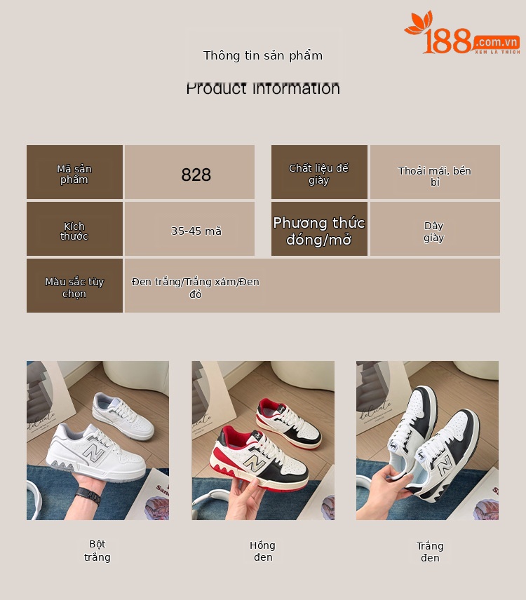 Giày sneaker nam nữ cổ thấp phong cách cổ điển phối màu đen trắng — 828 Đen Trắng chi tiết 5
