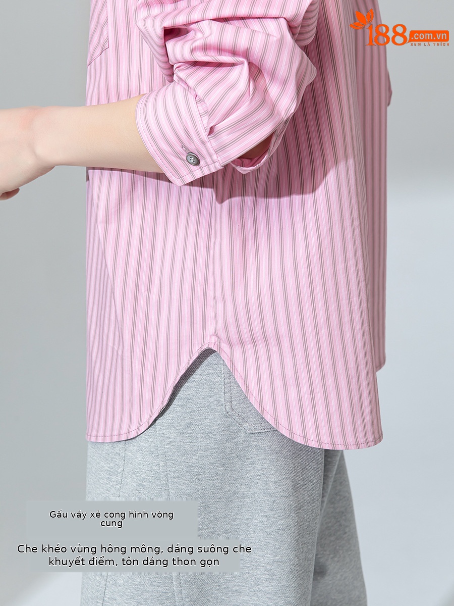 Áo sơ mi nữ dài tay phong cách vintage Pháp họa tiết sọc hồng, form rộng thoải mái — bột