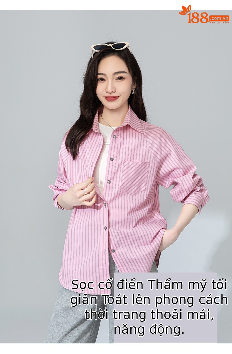 Áo sơ mi nữ dài tay phong cách vintage Pháp họa tiết sọc hồng, form rộng thoải mái — bột chi tiết 13