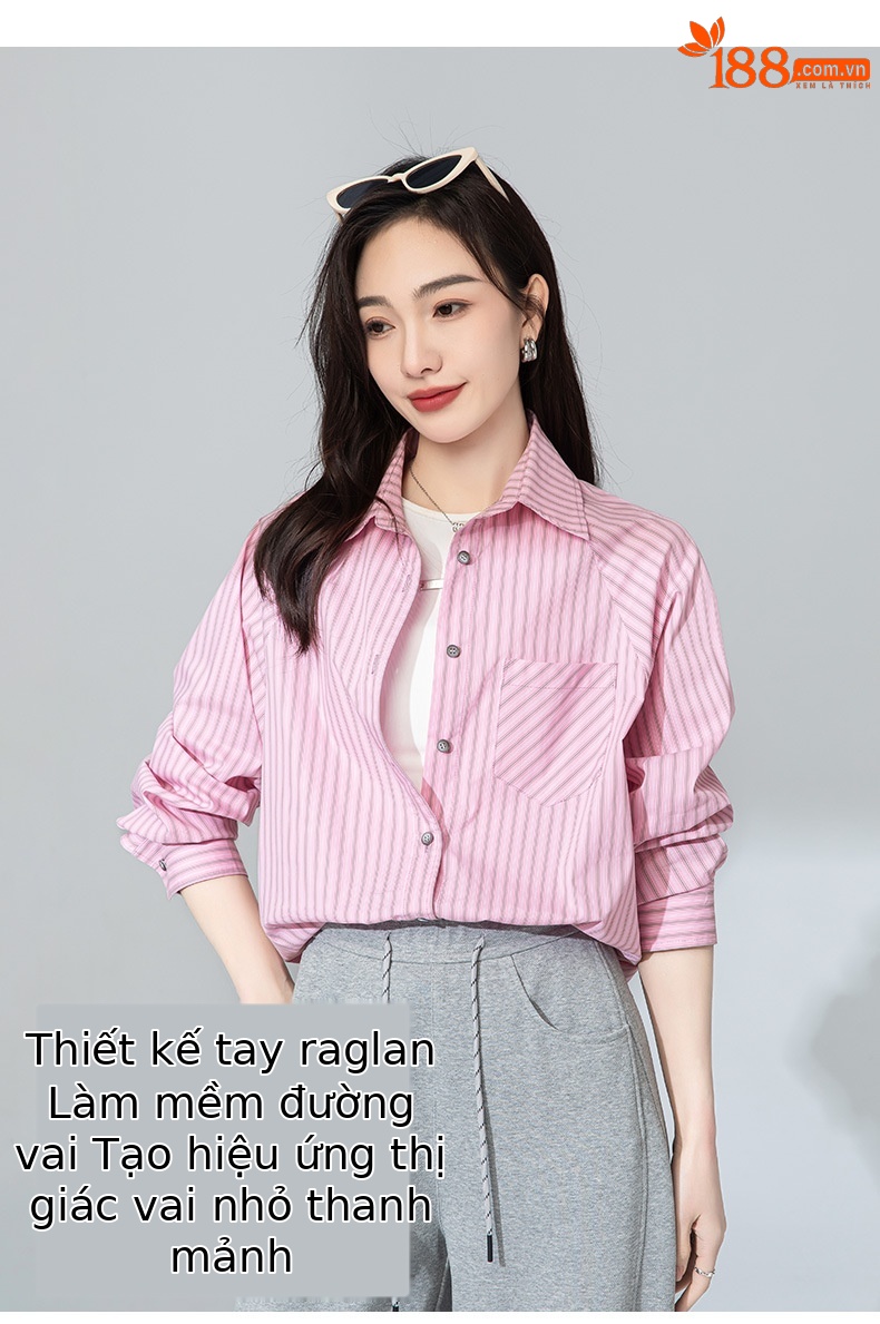 Áo sơ mi nữ dài tay phong cách vintage Pháp họa tiết sọc hồng, form rộng thoải mái — bột chi tiết 16