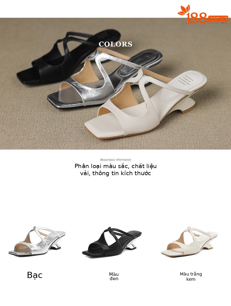 Sandal nữ da bò mũi vuông hở ngón gót lạ mắt — màu đen, màu trắng ngà, bạc chi tiết 5