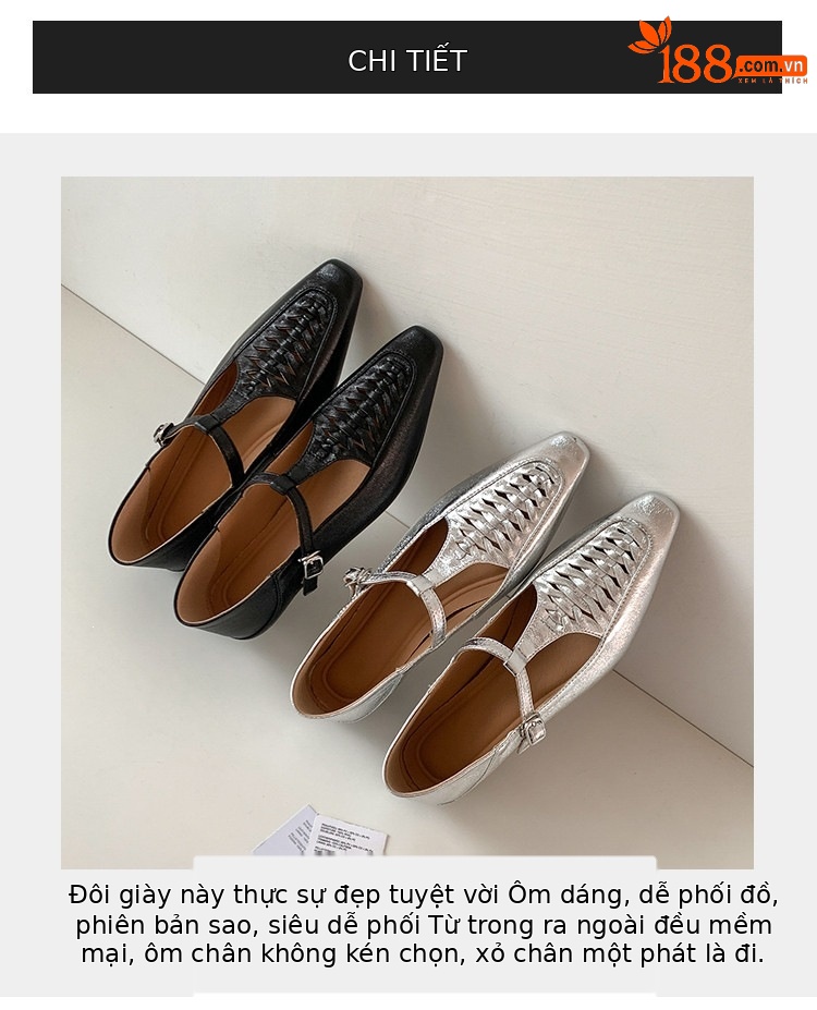 Giày Mary Jane nữ đan T-Strap da thật mũi vuông đế bệt — màu đen, bạc chi tiết 34