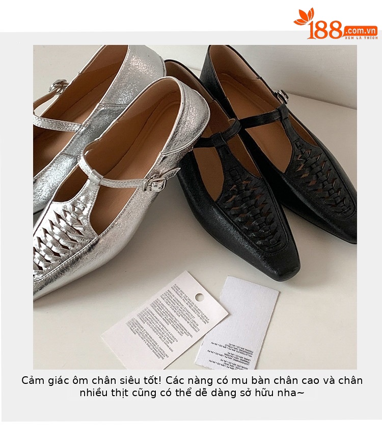 Giày Mary Jane nữ đan T-Strap da thật mũi vuông đế bệt — màu đen, bạc chi tiết 36