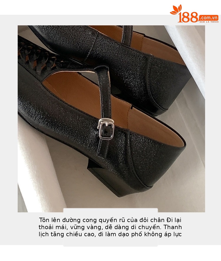 Giày Mary Jane nữ đan T-Strap da thật mũi vuông đế bệt — màu đen, bạc chi tiết 38