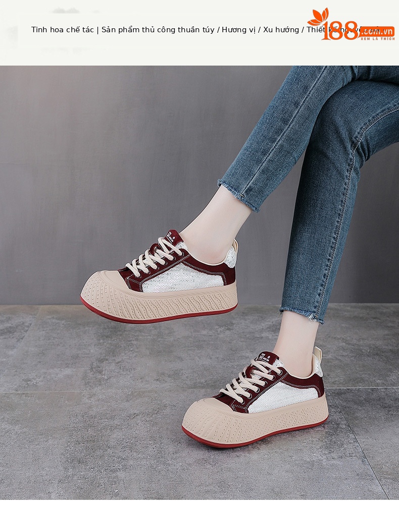 Giày sneaker nữ đế dày da thật lưới thoáng khí phối màu mũi to — màu đỏ chi tiết 1