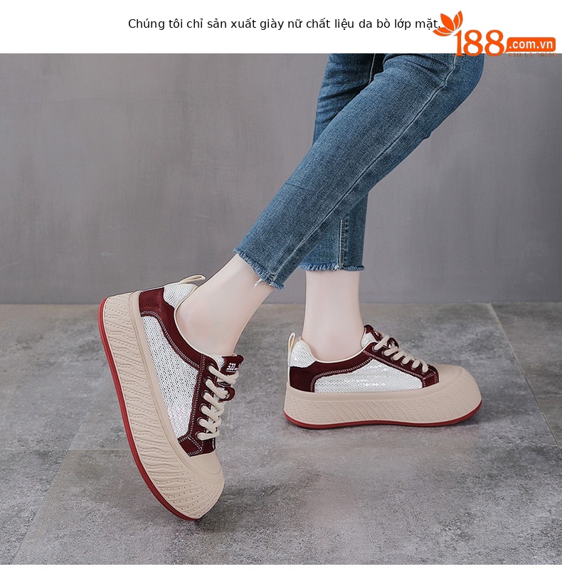 Giày sneaker nữ đế dày da thật lưới thoáng khí phối màu mũi to — màu đỏ chi tiết 2
